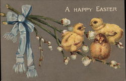 Three baby chicks on cotton branches tied together with a blue bow Postcard