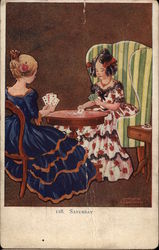 Saturday - Young Girls Playing Cards Postcard