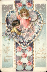 Boy and Girl with Flowers and Heart Children Postcard Postcard