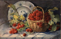 Basket or Red Berries on a Table with a Blue and White Pattern Plate Fruit Postcard Postcard