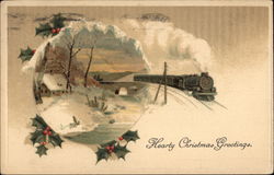 Hearty Christmas Greetings - Winter Scene with Steam Train Postcard Postcard