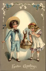 Boy and Girl with Bunnies in a Basket With Children Postcard Postcard