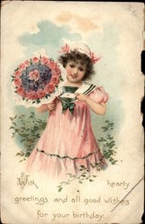 Birthday - Girl in Pink Sailor's Dress with Bouquet Postcard Postcard