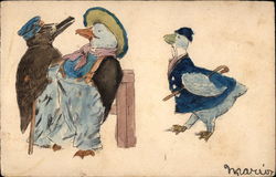 Ducks Dressed in Clothes with Walking Sticks Postcard