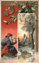 Santa Smoking a Pipe and Children Skating on Frozen Stream Postcard