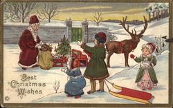 Christmas Wishes, with Children, Santa, and Reindeer Postcard