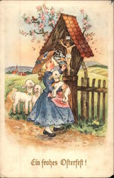 Easter - Girl at Roadside Shrine with Lambs Postcard Postcard