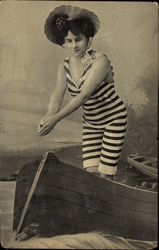 Woman in Old-Fashioned Swimming Costume Diving out of a Boat Women Postcard Postcard