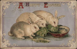 Three bunnies eating lettuce out of a bowl Postcard