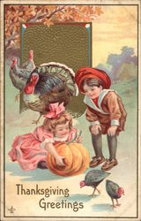 Thanksgiving Greetings, with Children and Turkeys Postcard Postcard