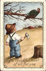 Boy with an axe looking up at a turkey in a tree Postcard