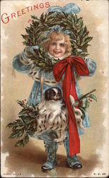 Child with Christmas Greenery and a Small Dog Children Postcard Postcard