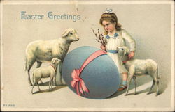 Easter Greetings, with Girl, Lambs, Egg With Lambs Postcard Postcard