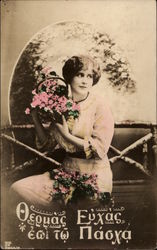 Portrait of a Girl Holding a Basket of Flowers Postcard