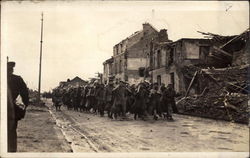 Soldiers Marching in Bombed Town World War I Postcard Postcard