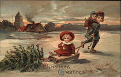 Christmas Greetings - Children with Sled and Christmas Tree Postcard Postcard