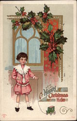 Girl with Toy Stage Coach by Door with Holly Berries Toys Postcard Postcard