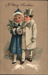 Man in White Coat and Cane with Woman in Blue Coat Children Postcard Postcard