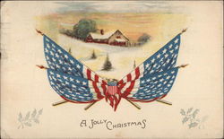 A Jolly Christmas - Snowy Winter Scene and American Flags Postcard Postcard