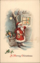 Santa with Sack in Front of Bare Tree by a Window Toys Postcard Postcard