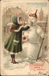 Christmas - Girl with Snowman Postcard