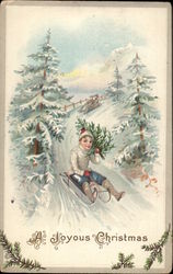 A Joyous Christmas - Boy Sledding with Christmas Tree Children Postcard Postcard