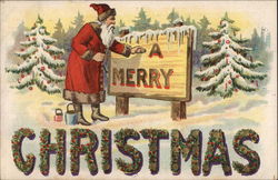 Santa pointing to a Sign that says " A Merry" Santa Claus Postcard Postcard