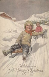 Children Tobogganing Down a Snowy Hill Postcard Postcard