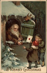 A Merry Christmas - Children Delivering Letter to Santa Claus Postcard Postcard