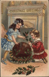 Christmas Greetings - Children Decorating Plum Pudding Postcard Postcard