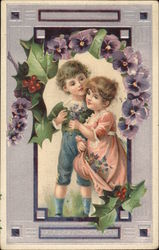 A Merry Christmas - Boy and Girl with Pansies Postcard