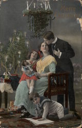 Merry Christmas - Couple and Family Under the Mistletoe Postcard