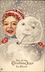 May All The Christmas Joys Be Yours - Boy with Snowman Postcard