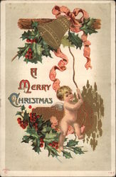 Cherub ringing Bell with Holly Berries Postcard