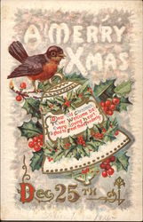 Red Robin on Bell covered in Holly Berries Christmas Postcard Postcard