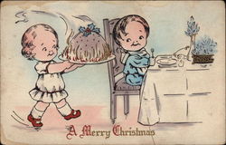 A Merry Christmas - Boy and Girl with Plum Pudding Children Postcard Postcard