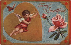 To My Sweetheart - Cupid with Heart and Rose Postcard