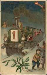 A Happy New Year - Steam Engine No. 1 with Children New Year's Postcard Postcard