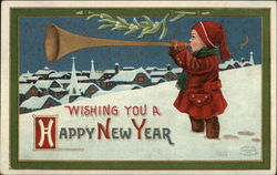 Wishing You A Happy New Year - Boy in Snow with Horn Postcard