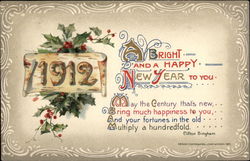 A Bright and a Happy New Year to You - 1912 Postcard