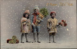 A Happy New Year - Children in Snow with Gifts Postcard