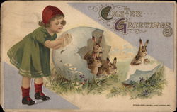 Little Girl Watches Rabbit Family in Oversize Egg Shell With Bunnies Postcard Postcard