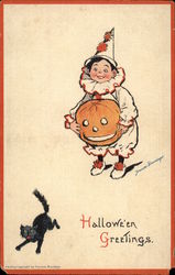 Halloween Greetings - Boy with Pumpkin and Black Cat Postcard Postcard