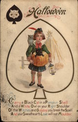 Scottish Boy with Black Cat, Owl and Pumpkin Postcard