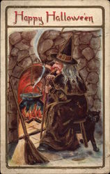 Happy Halloween - Witch in Front of Fireplace Postcard Postcard