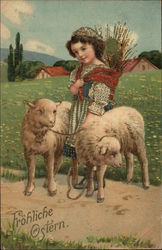 Child with Two Lambs With Children Postcard Postcard