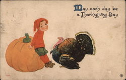 May Each Day Be A Thanksgiving Day - Boy with Turkey and Pumpkin Children Postcard Postcard