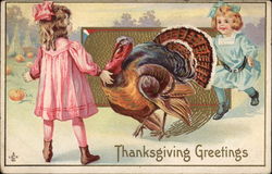 Thanksgiving Greetings - Girls with Turkey Children Postcard Postcard