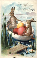 Loving Easter Greetings - Rabbits in Rowing Boat with Eggs With Bunnies Postcard Postcard