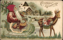 Christmas Greetings - Santa Claus with Reindeer and Sleigh Postcard Postcard